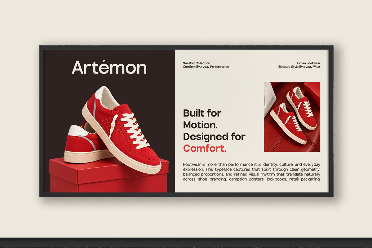 Red sneaker campaign mockup with split layout showing shoe product shots, typography, plus descriptive copy on cream background
