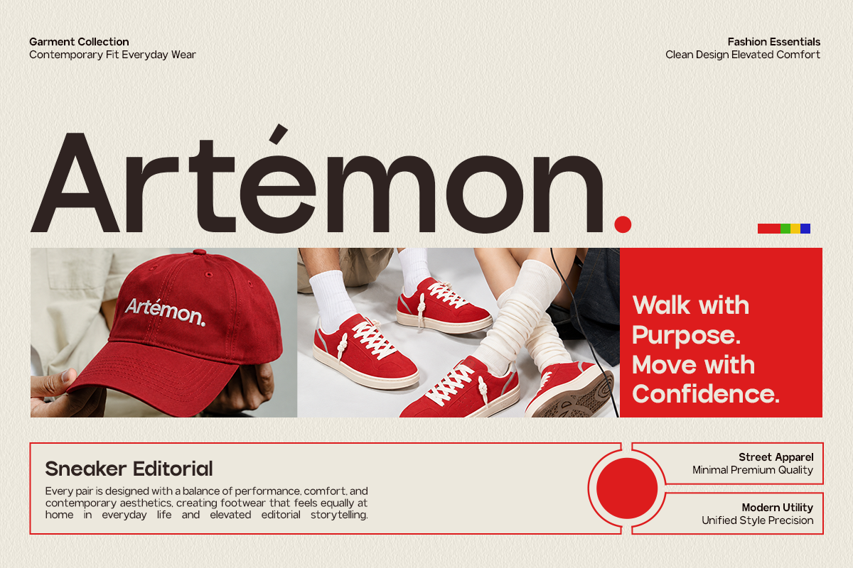 Artemon brand lookbook showing red sneakers, cap, tagline about purposeful movement on beige background