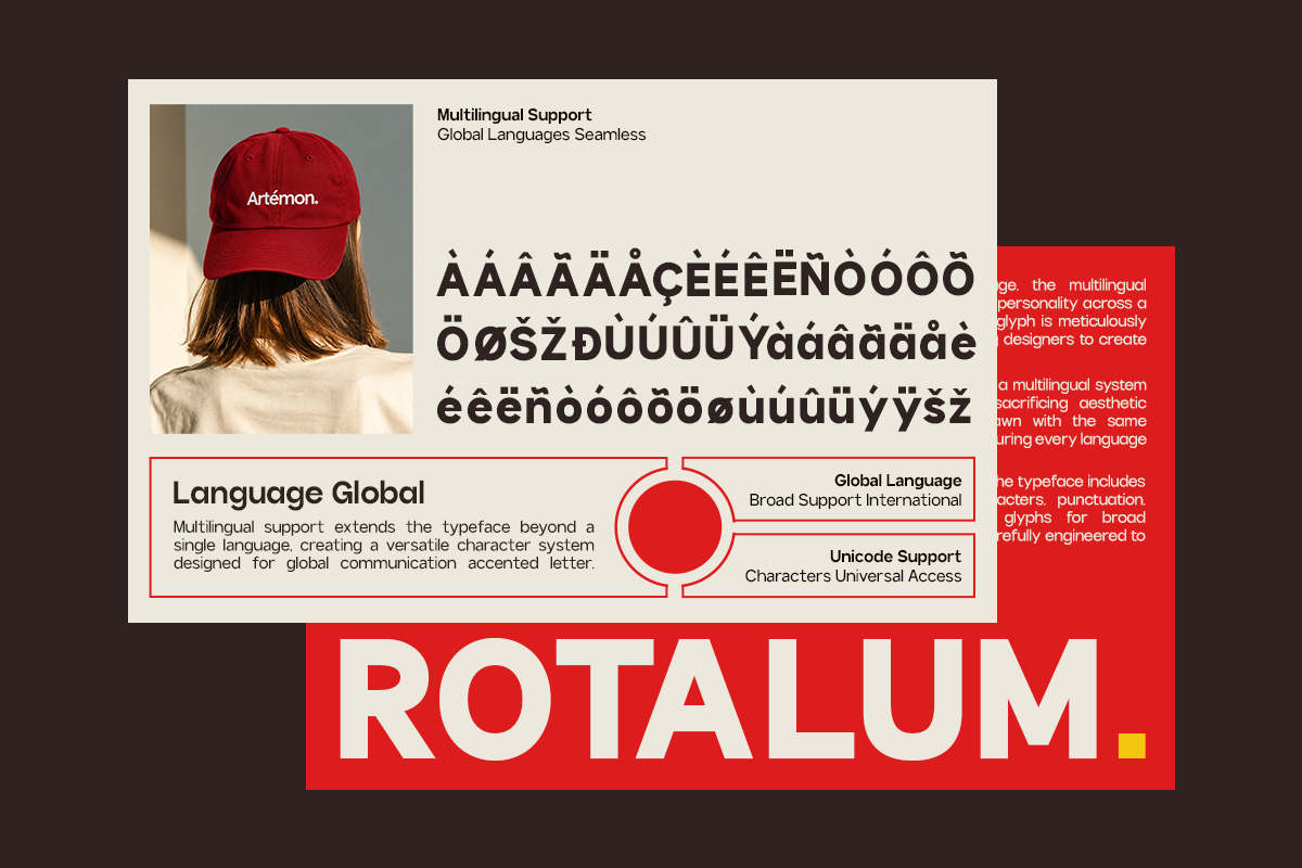 Mockup showing red cap with Artémon branding, multilingual character set with accented letters, language support breakdown diagram