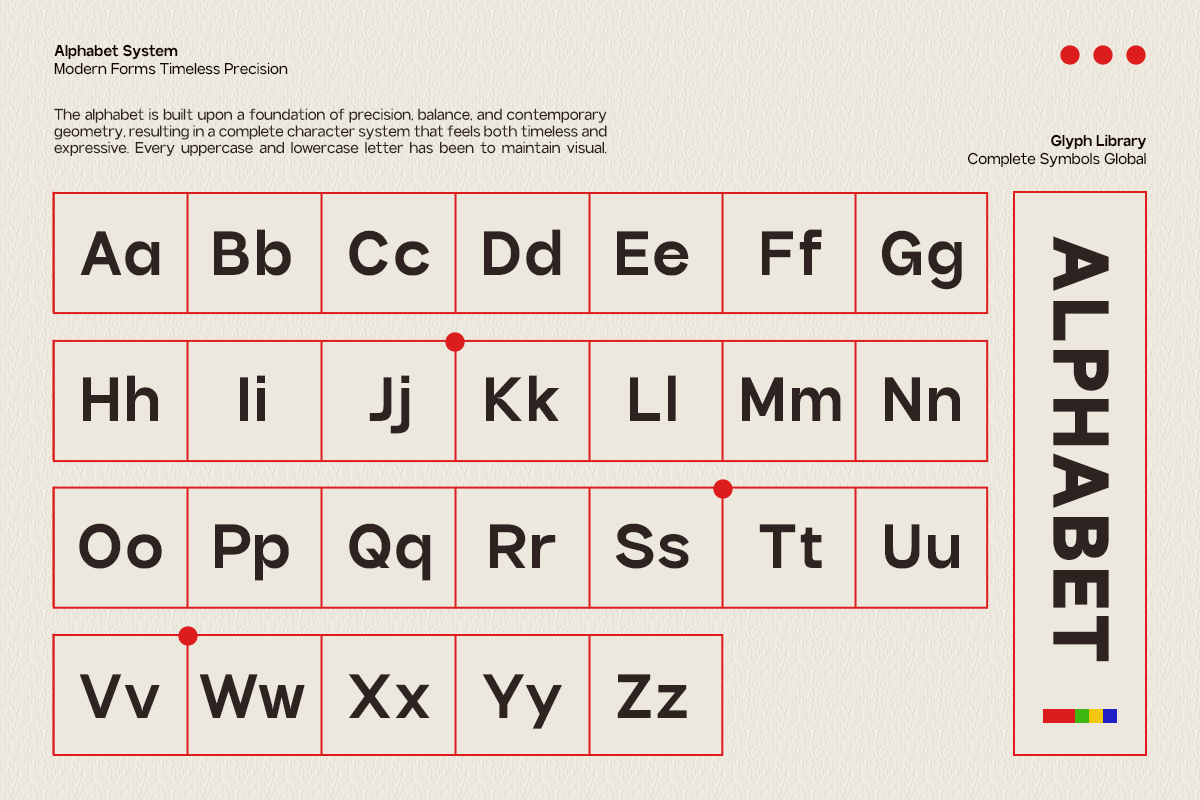 Alphabet System font display showing uppercase, lowercase letters in red grid boxes with geometric layout