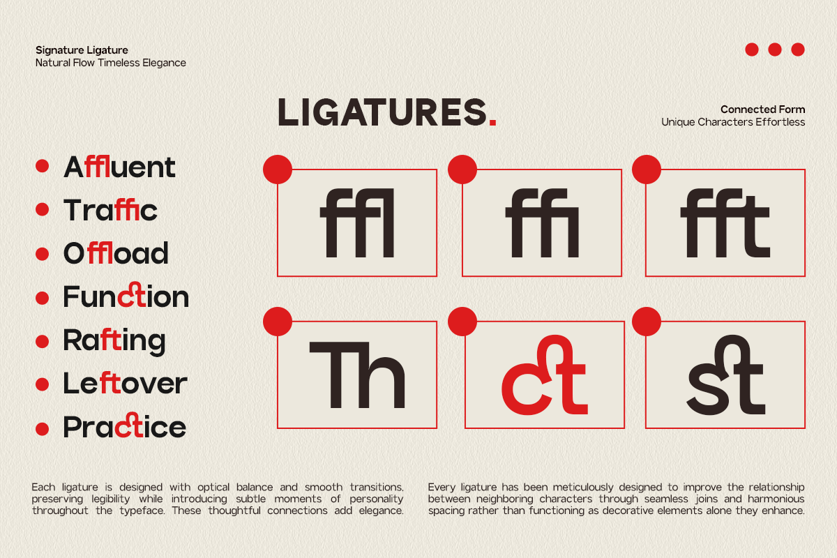 Ligatures font specimen showing connected letter pairs with red accent highlights in boxes