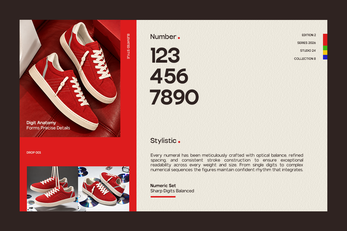 Red sneaker product mockup with bold typography displaying large numbers on cream background