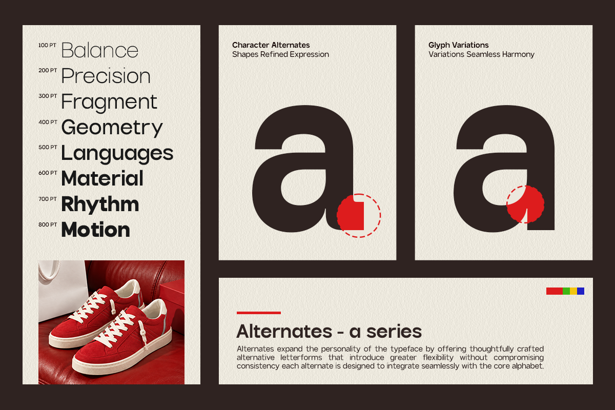 Modern sans serif font showing character alternates with red geometric shapes on cream background