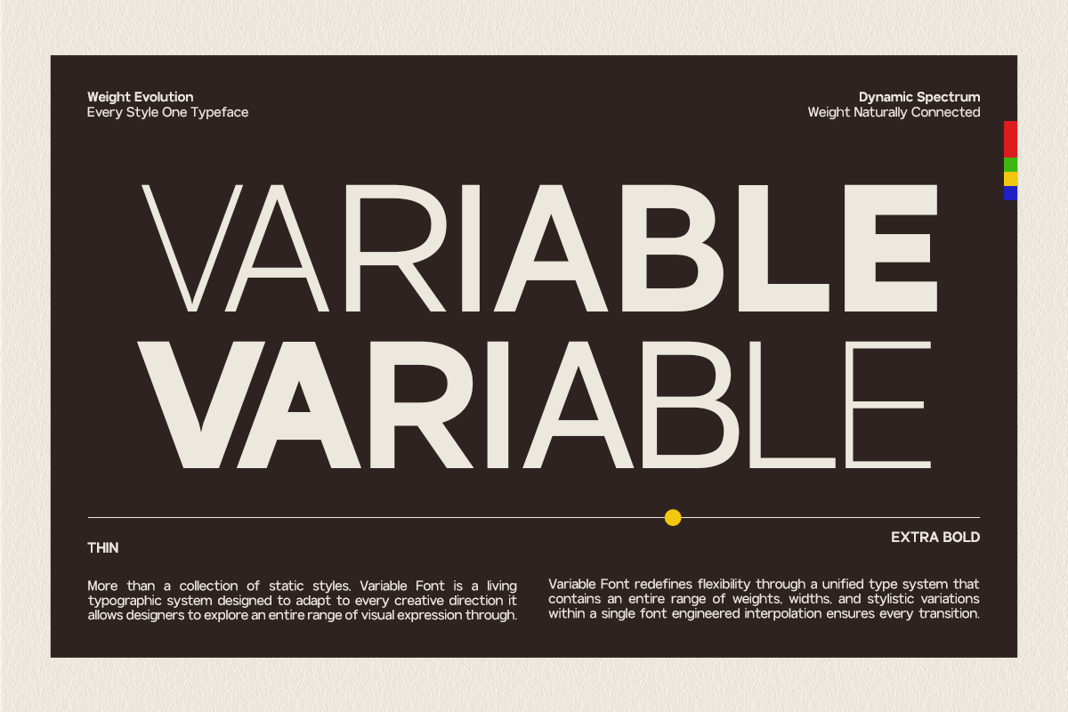 Variable font specimen showing weight range from thin to extra bold on dark background