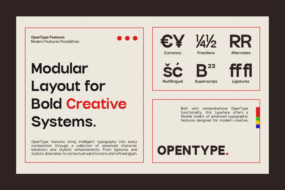 Font mockup showcasing OpenType features with currency symbols, fractions, superscripts, ligatures