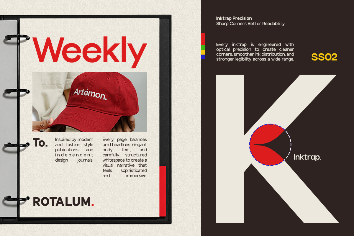 Open magazine spread showing red cap mockup with bold typography, geometric shapes on dark background