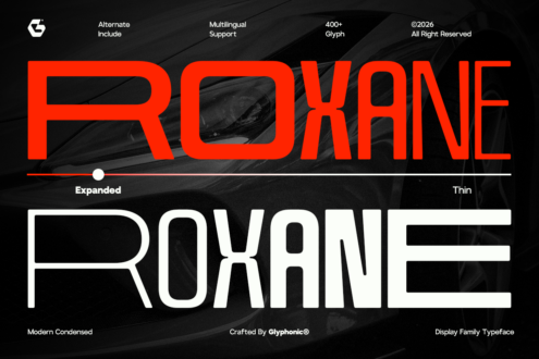 Roxane display font showing bold red letters with white outlined alternate weight on dark textured background