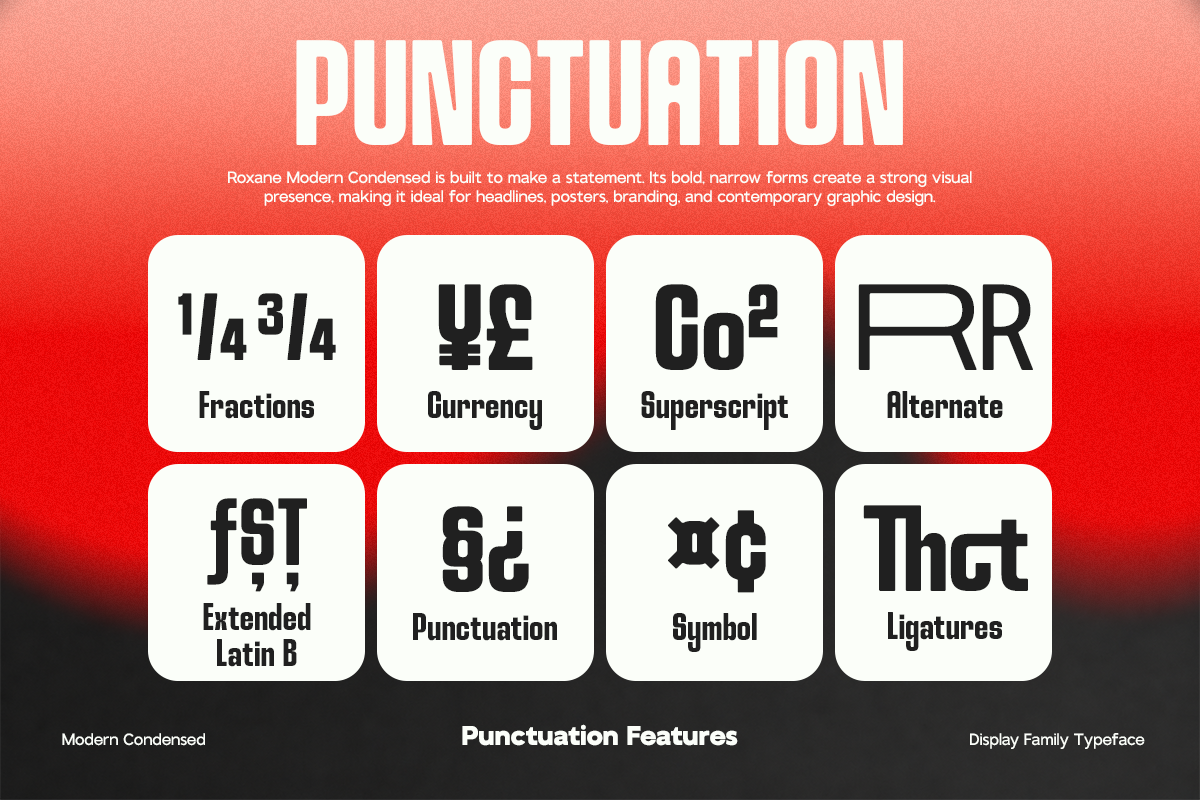 Roxane Modern Condensed font specimen showing punctuation features like fractions, currency, superscript, ligatures on coral red background