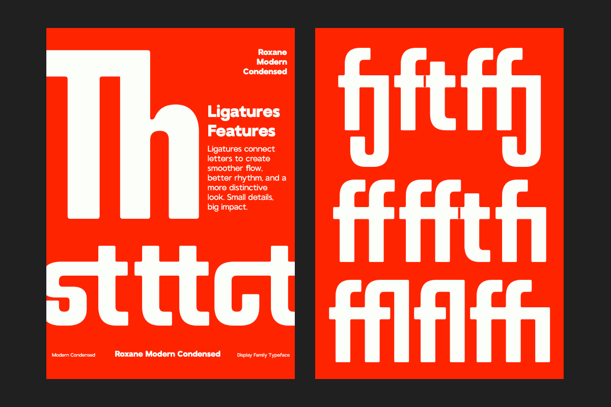 Roxane Modern Condensed font specimen showing ligatures on bright red background