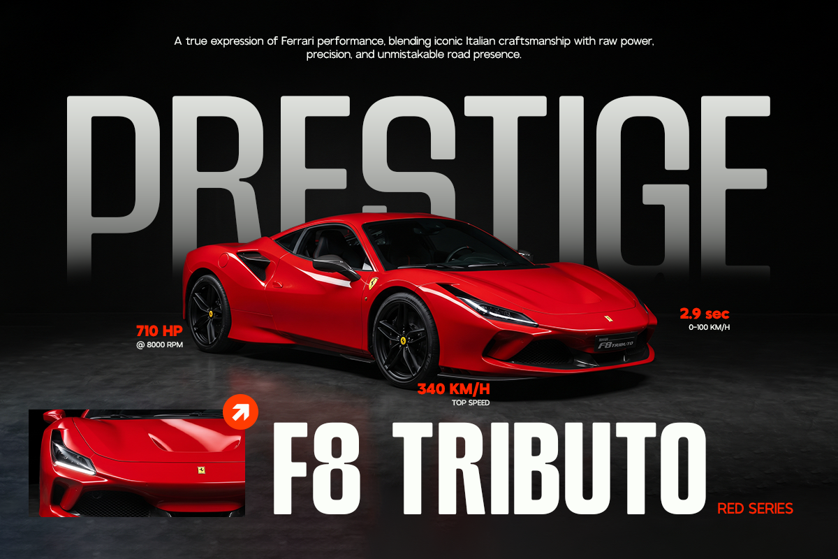 Red Ferrari F8 Tributo mockup with performance specs overlaid on black background