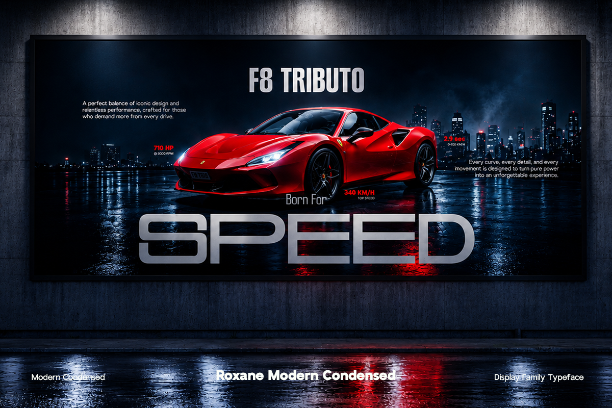 Red Ferrari F8 Tributo sports car billboard mockup with night city backdrop