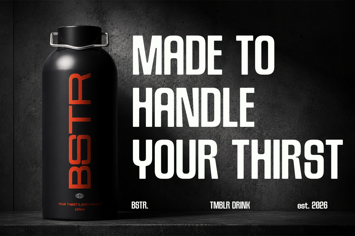 Black water bottle mockup with red BSTR branding against concrete wall backdrop
