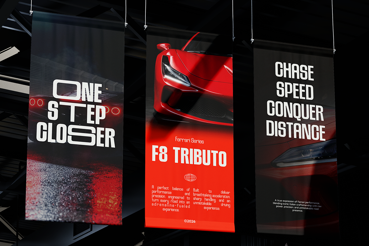 Hanging poster mockups featuring bold Ferrari car imagery with red neon accents, dark backgrounds, white typography