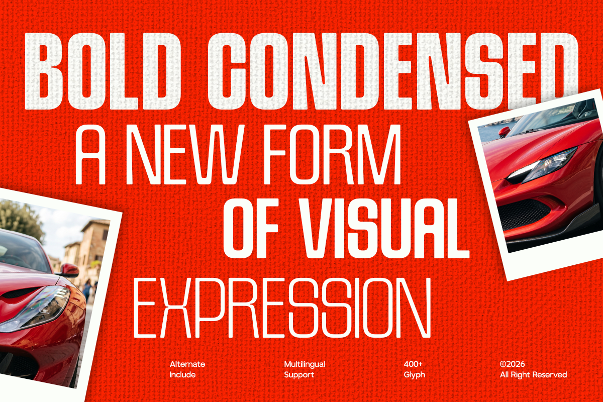 Bright red textured background with bold white condensed sans serif type, car photos tucked in corners, multilingual support noted