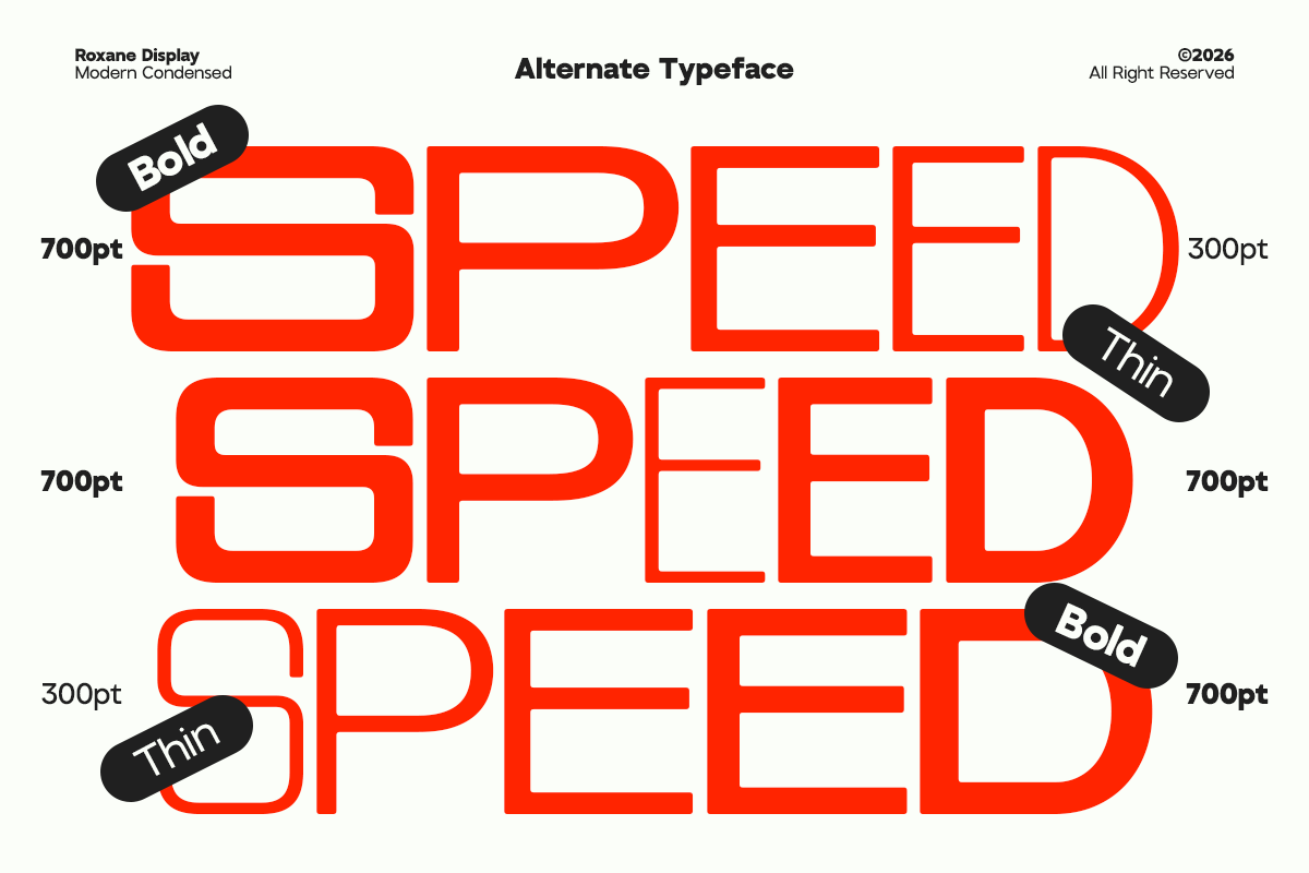 Roxane Display Bold in bright red showing weight variations from thin to bold strokes