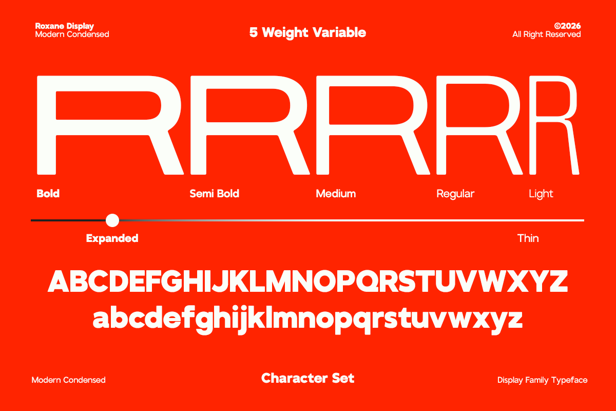 Roxane Display font showing 5 weights from bold to light on bright red background