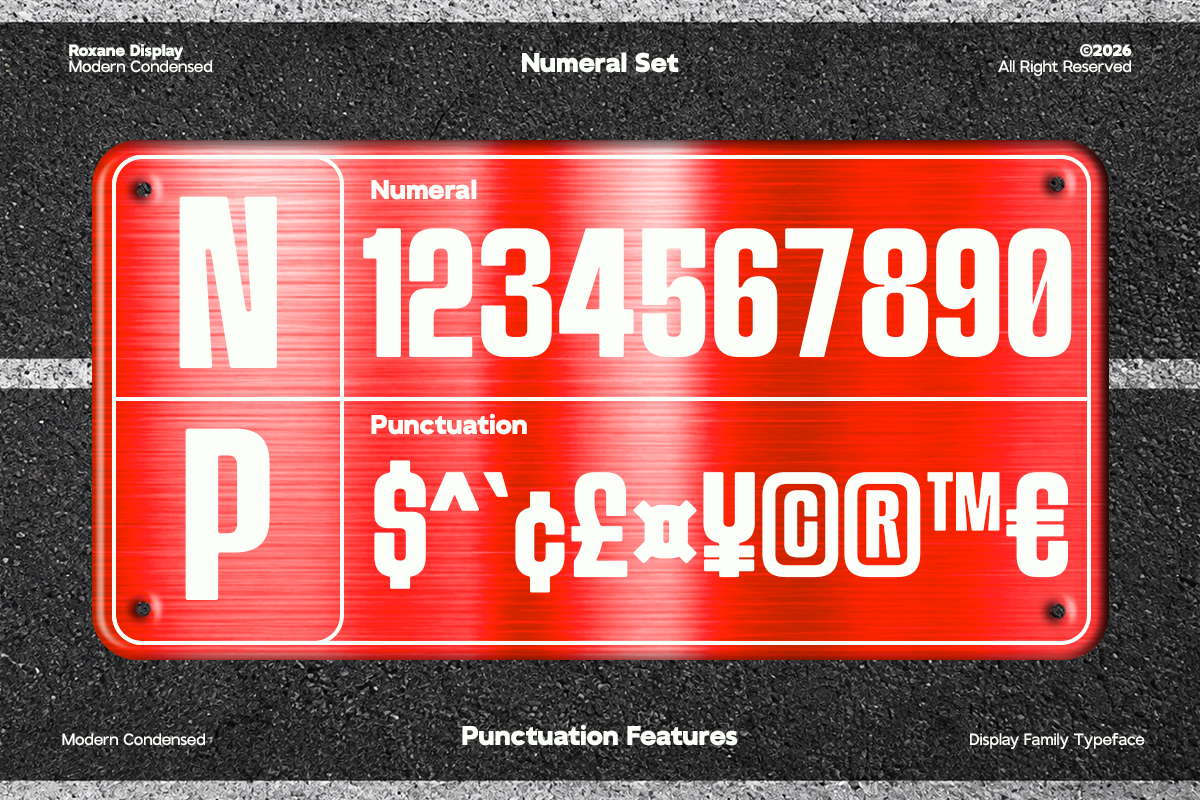 Roxane Display Modern Condensed font numeral set with bright red neon sign showing numbers, currency symbols, punctuation marks