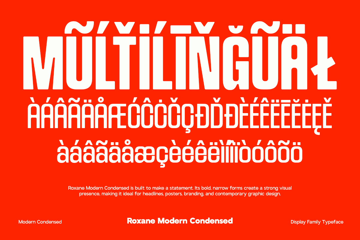 Roxane Modern Condensed typeface with multilingual accents on bright red background