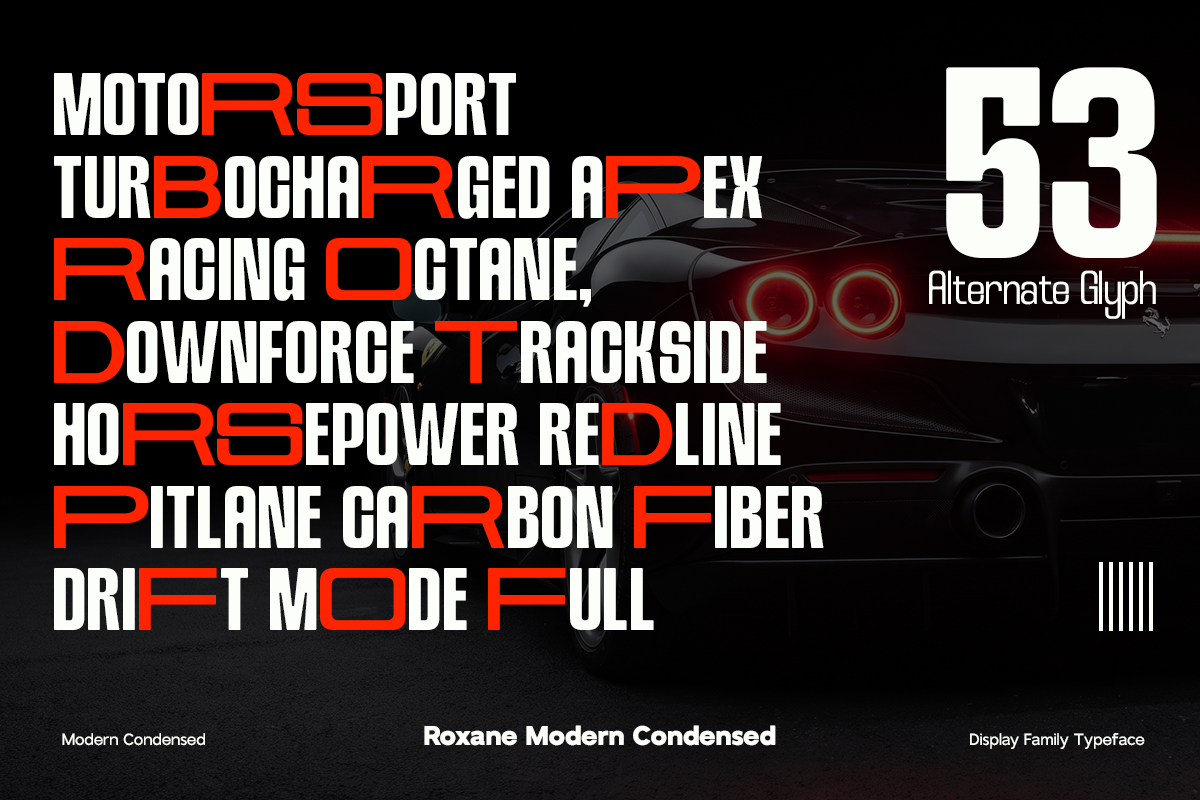 Roxane Modern Condensed typeface with racing car graphic on black background