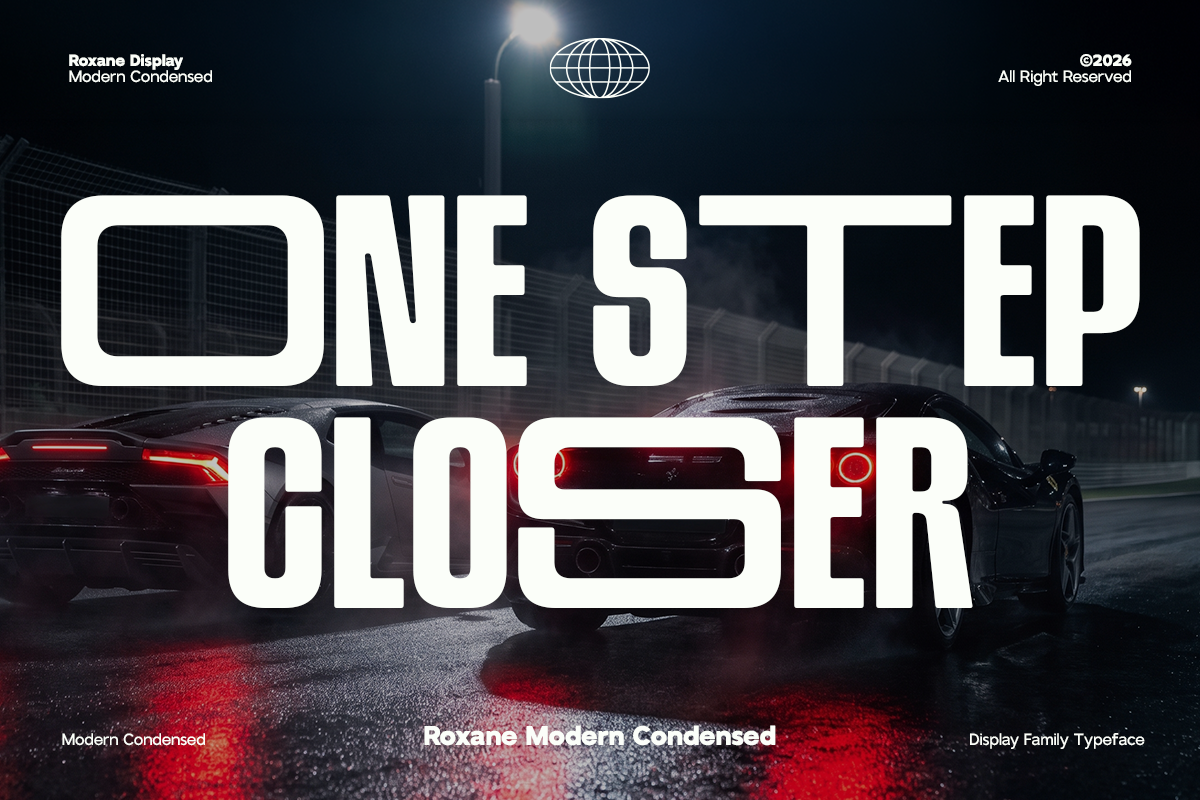 Roxane Display font specimen with bold condensed letters over moody night scene with sports cars