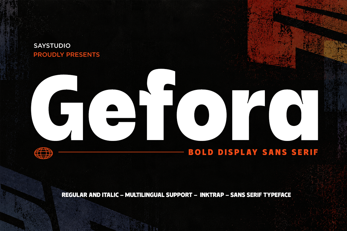 Getora bold display sans serif font with distressed textures, orange accents on dark background