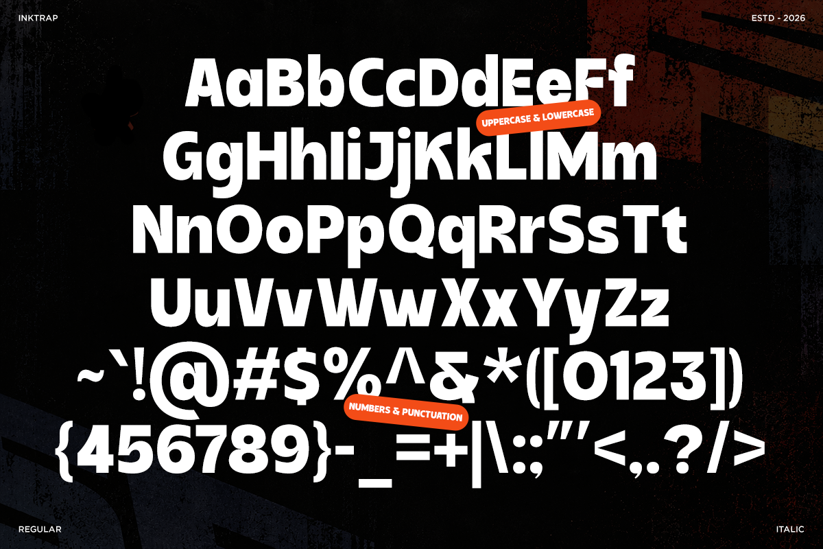 Bold sans serif typeface with full character set displayed on dark textured background