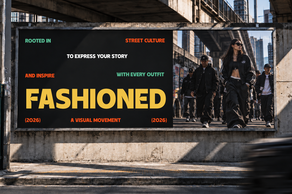 Street culture billboard mockup with bold typography, urban setting, colorful text overlays
