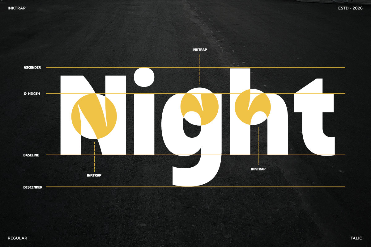 Bold geometric typeface with yellow circular cutouts overlaid on white letters with typography guidelines marked on dark textured background
