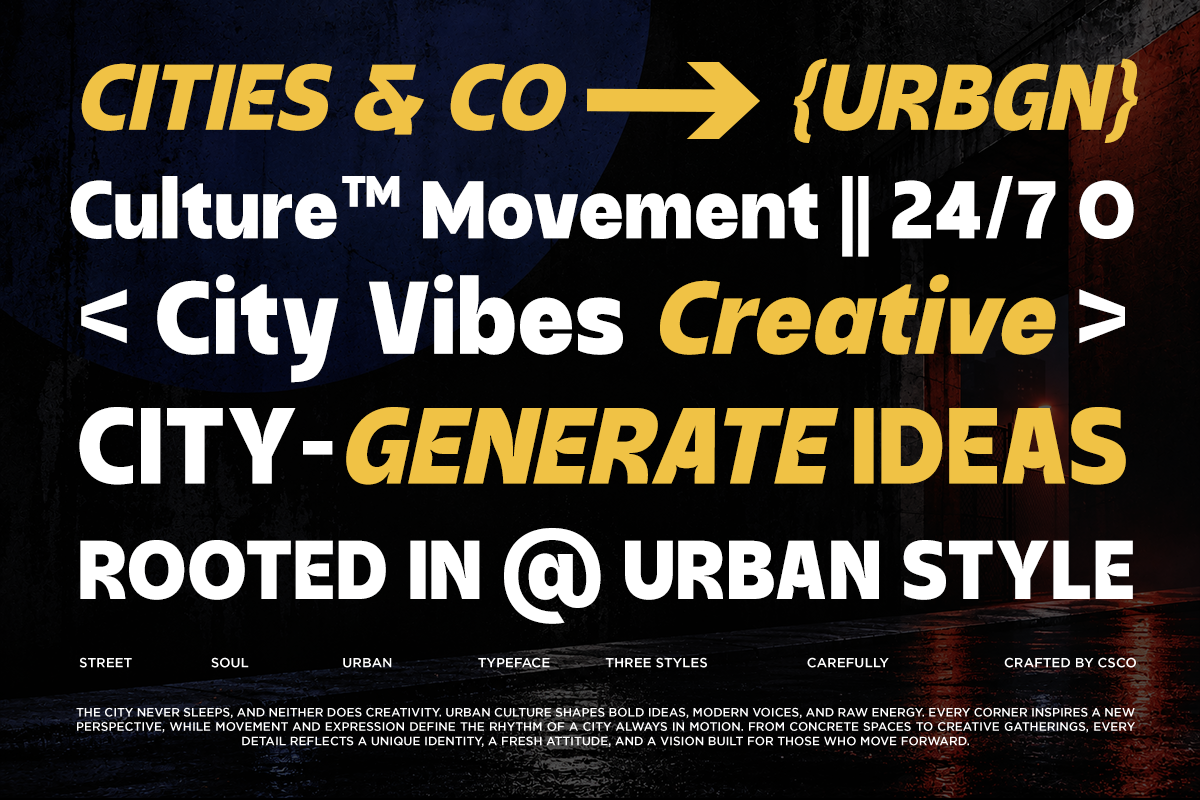 Bold urban typeface mockup with yellow, white text on dark gritty street background showcasing city culture font