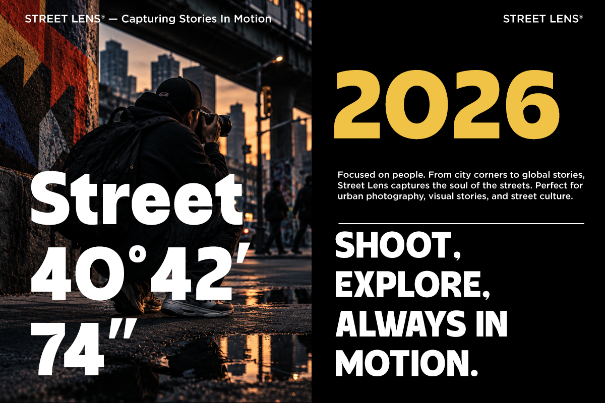 Photographer crouched on wet street at golden hour shooting urban scene with colorful wall graffiti