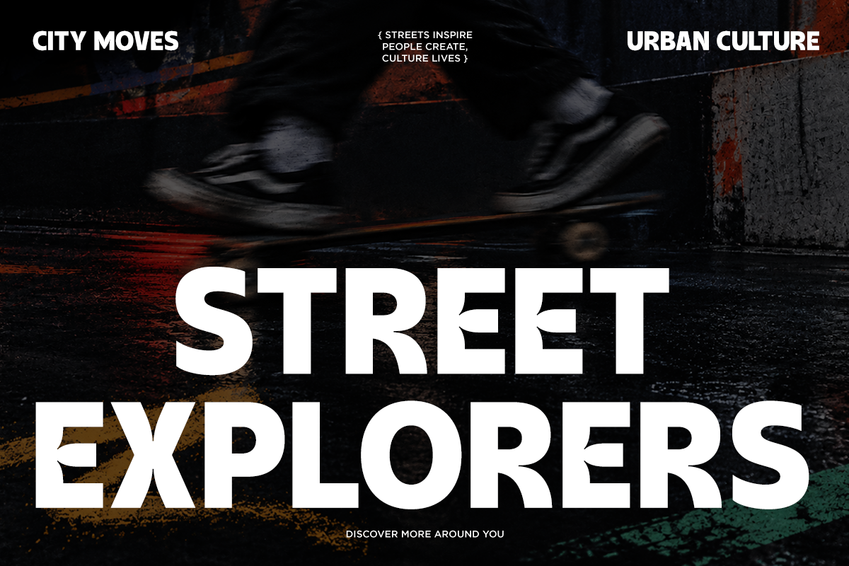Gritty urban poster with blurred skater, rust-textured wall, bold white typography centered