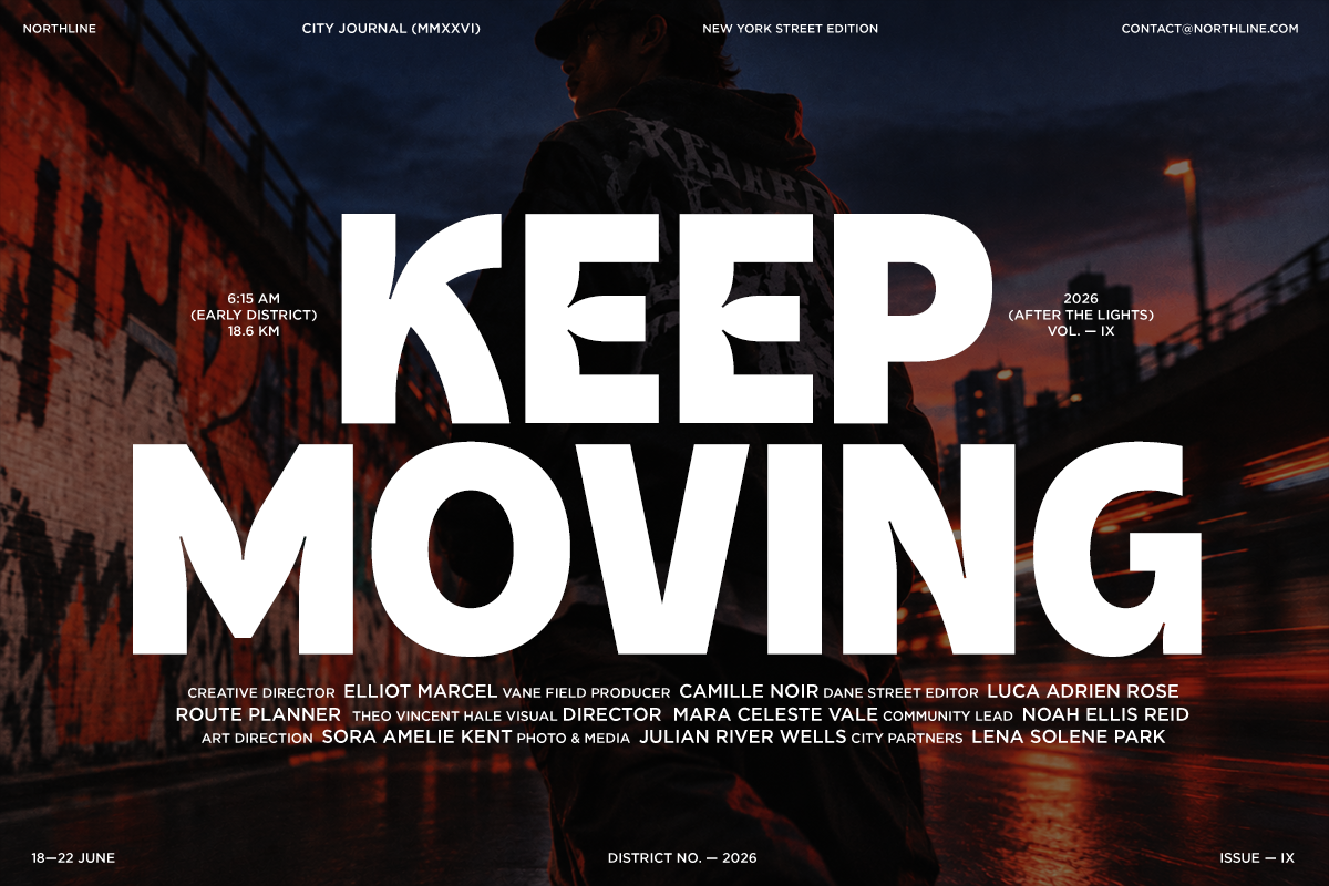 Moody urban street scene at dawn with bold white typography for "Keep Moving" overlaid on red brick buildings, neon lights, cinematic vibe