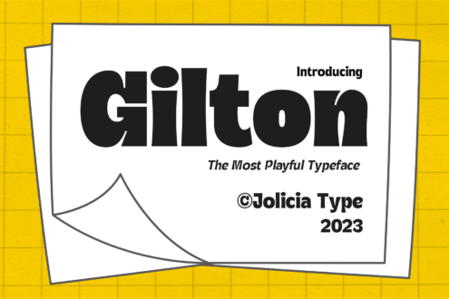 Gilton typeface announcement poster with bold black letters on white card against yellow grid background