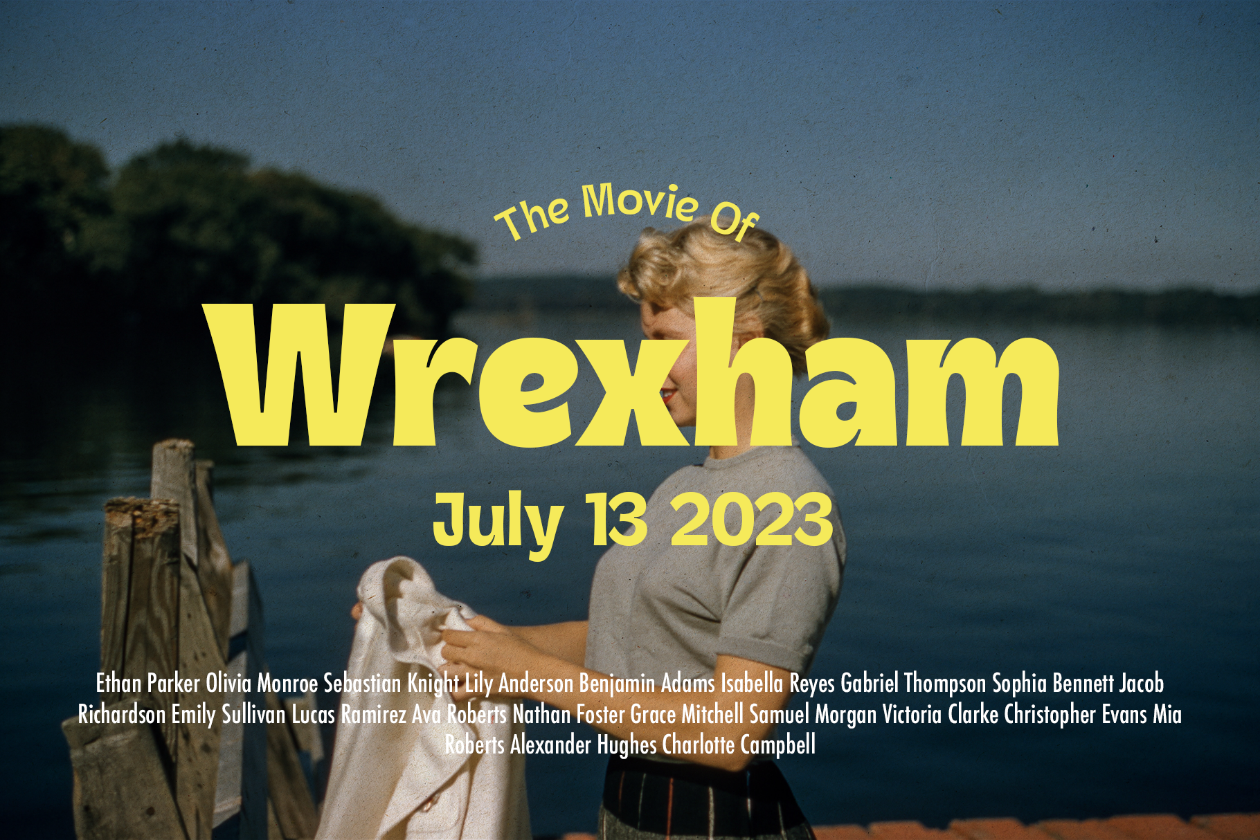 Vintage movie poster mockup with yellow text overlaid on a woman by the water, cast list below