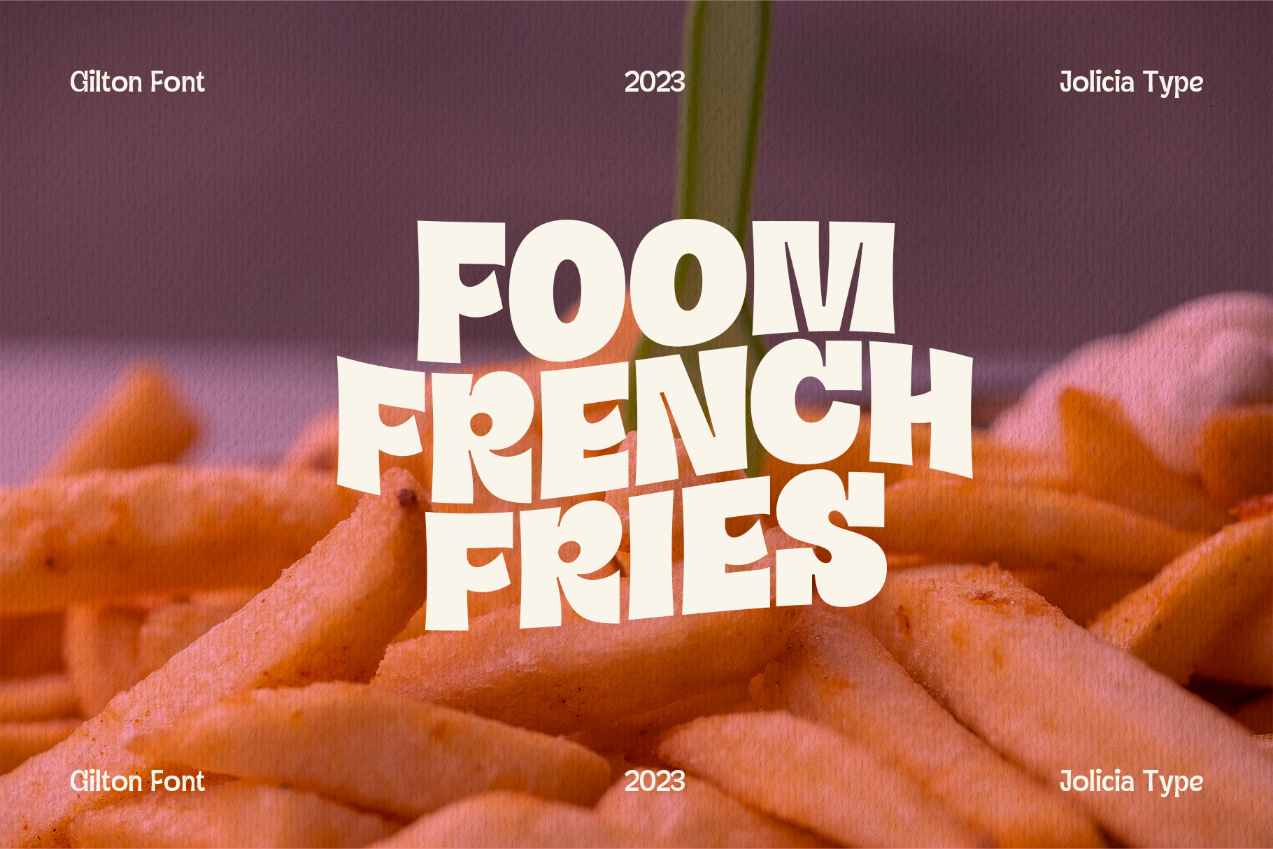 Cream-colored bold typography spelling "Foom French Fries" layered over crispy golden fries with purple gradient background