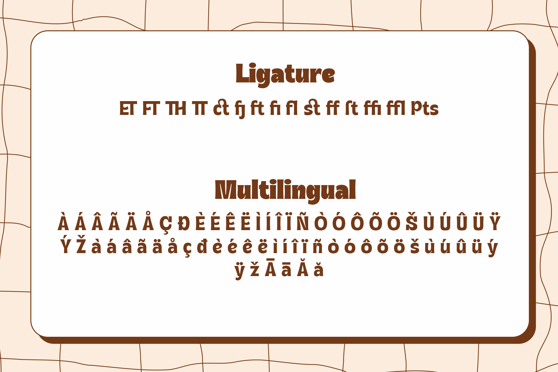 Ligature font specimen showing stylized ligatures, multilingual accents, with warm brown lettering on cream background