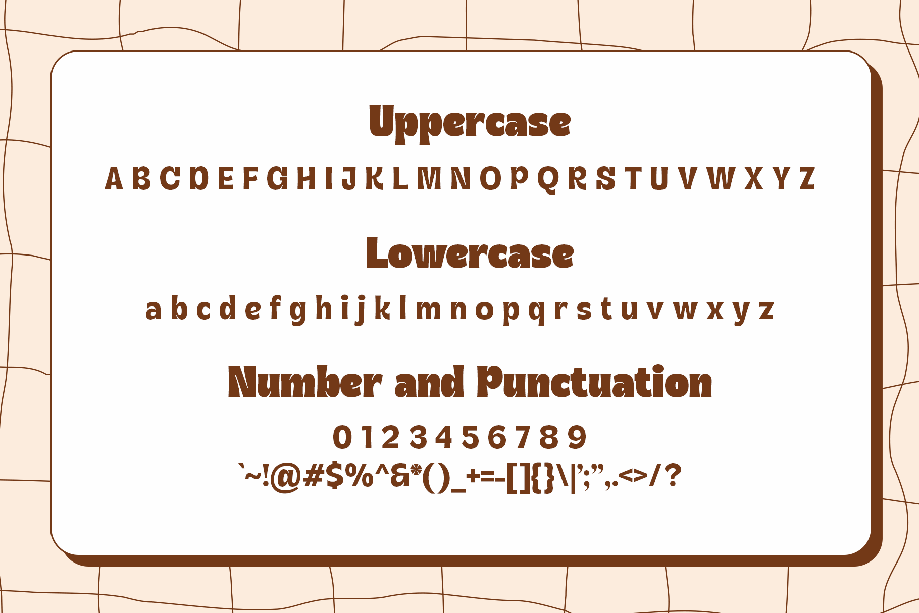Retro brown serif font showing uppercase, lowercase, numbers, plus punctuation marks on cream background