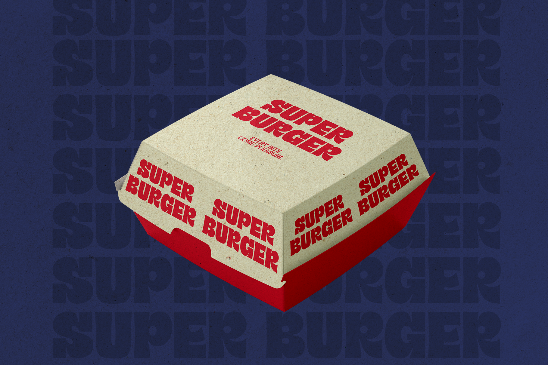 Isometric burger box mockup with red base, cream wrapper, bold red typography on navy background
