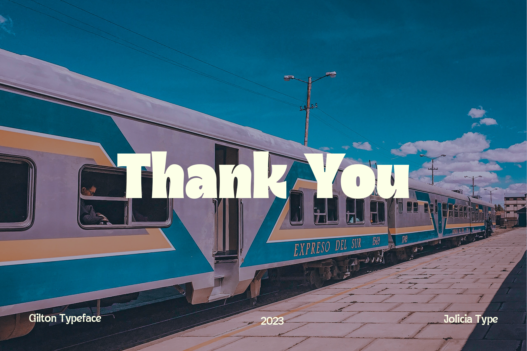 Colorful train with "Thank You" text overlay, vintage vaporwave aesthetic with teal sky