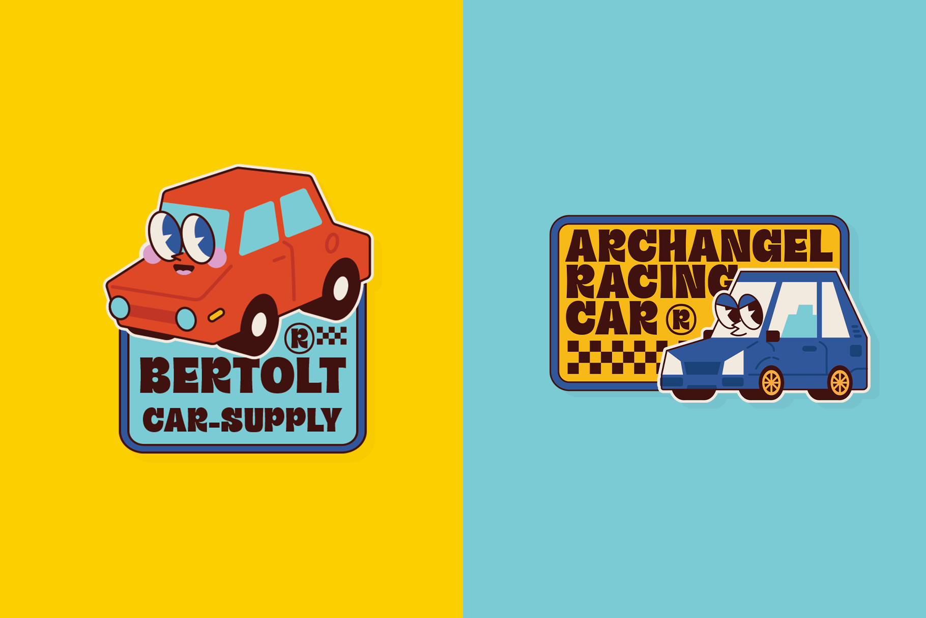 Two retro cartoon car logos with googly eyes on split yellow plus blue backgrounds