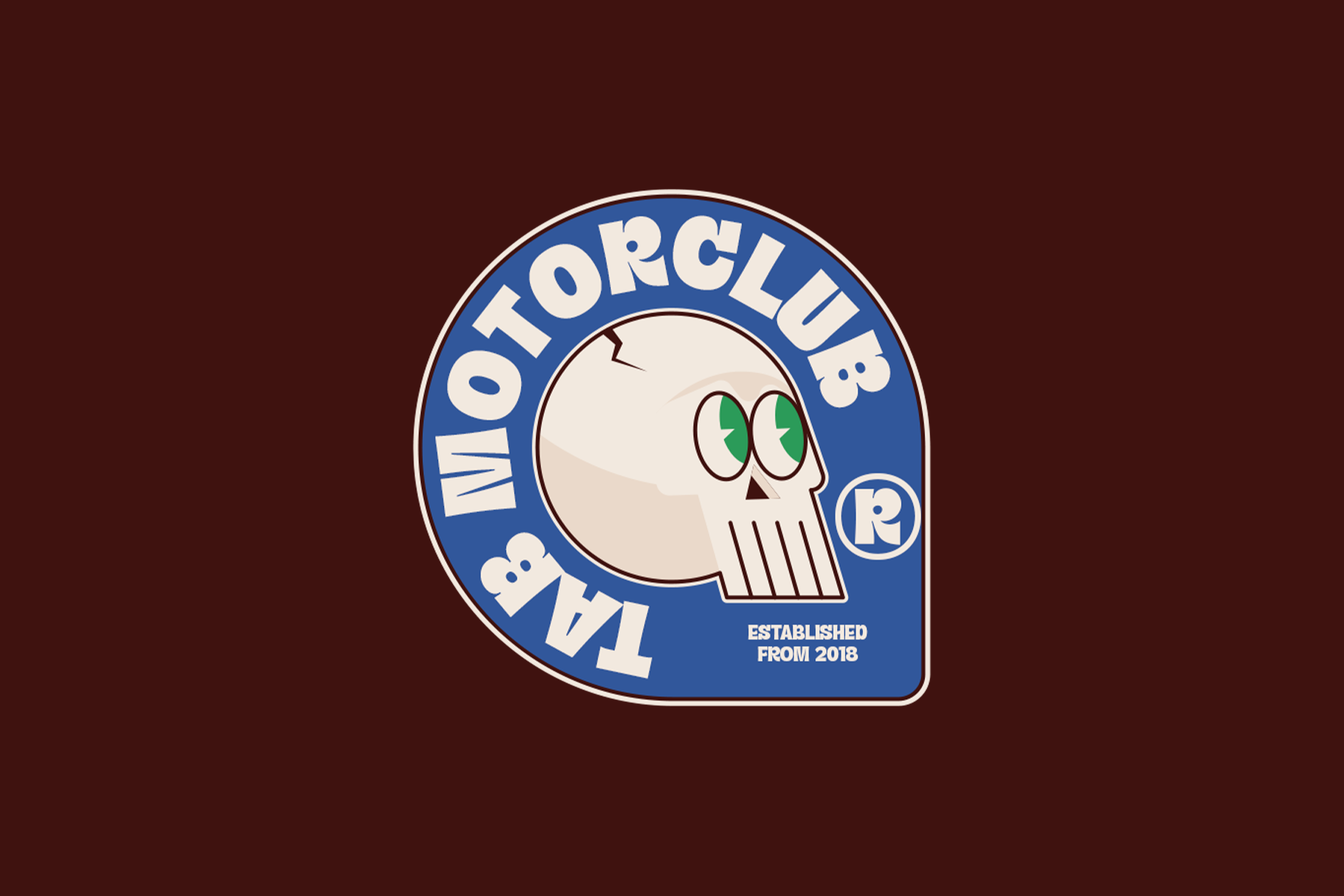 Retro skull badge with green eyes on dark red background, Mothclub logo established 2018