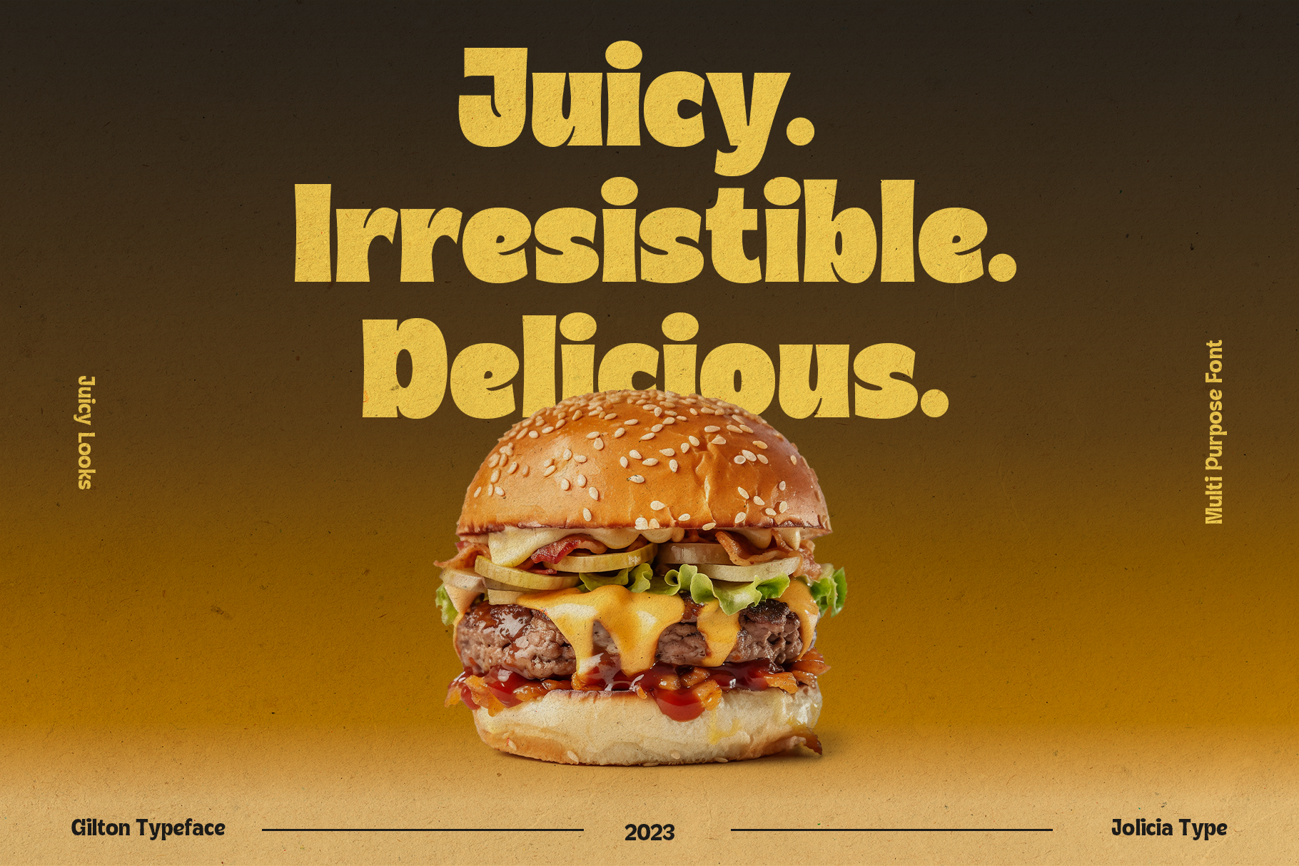 Bold yellow typeface over burger photo with retro vibe, food marketing mockup