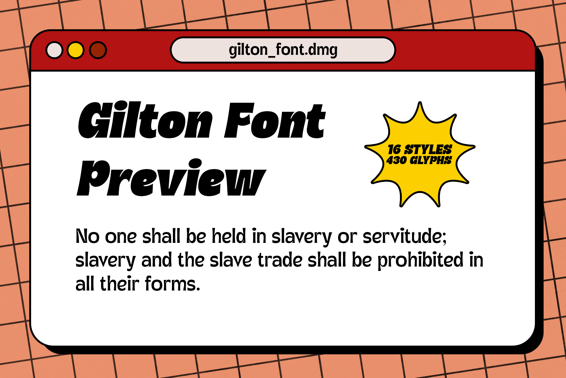 Gilton Font preview showing 16 styles, 430 glyphs in bold italic typeface on retro window mockup