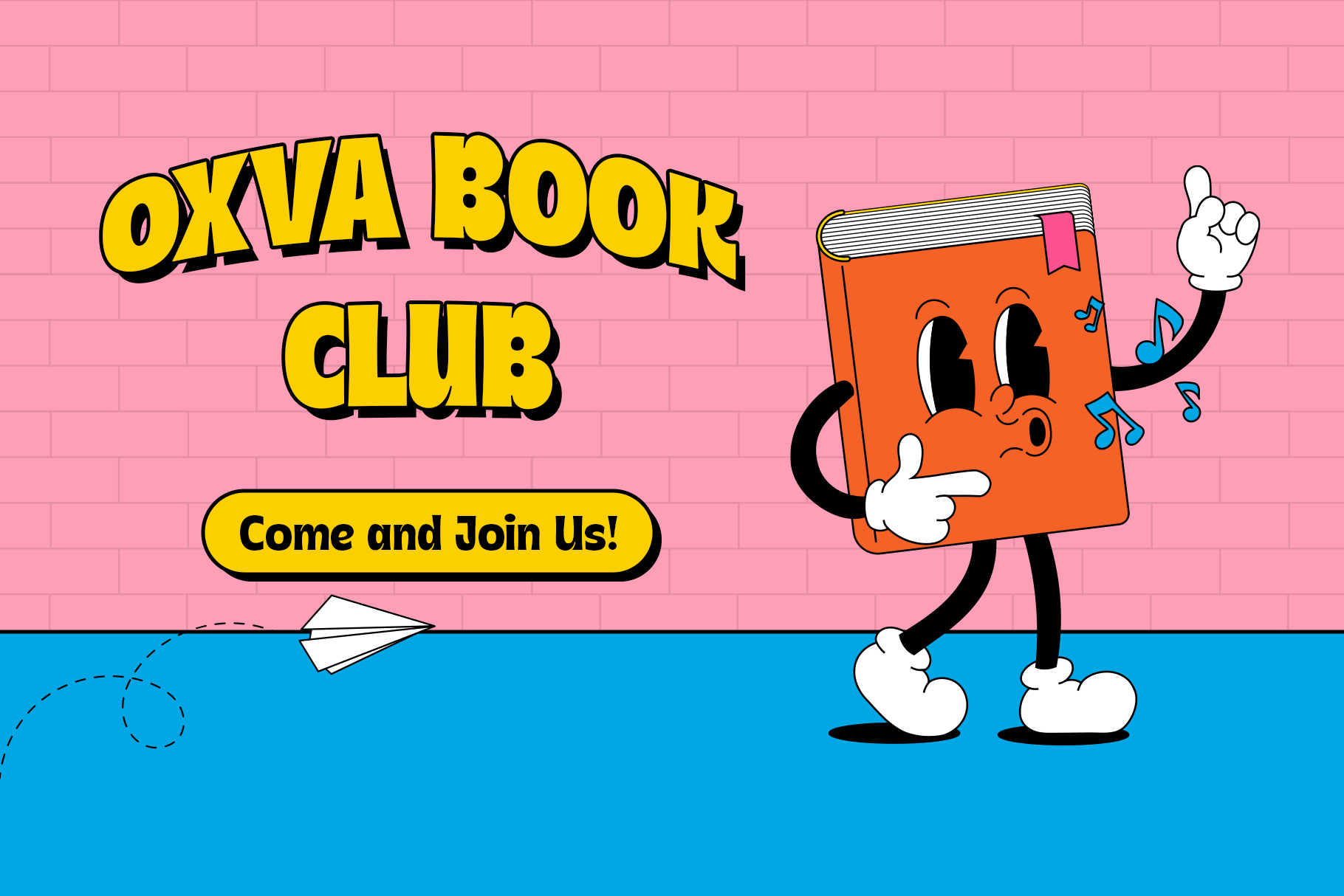 Retro cartoon book character dancing with yellow okva book club text on pink brick background