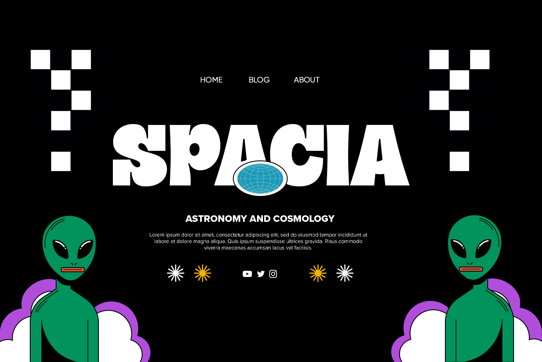 Retro sci-fi website mockup with bold white text, green aliens, globe icon, purple clouds on black background