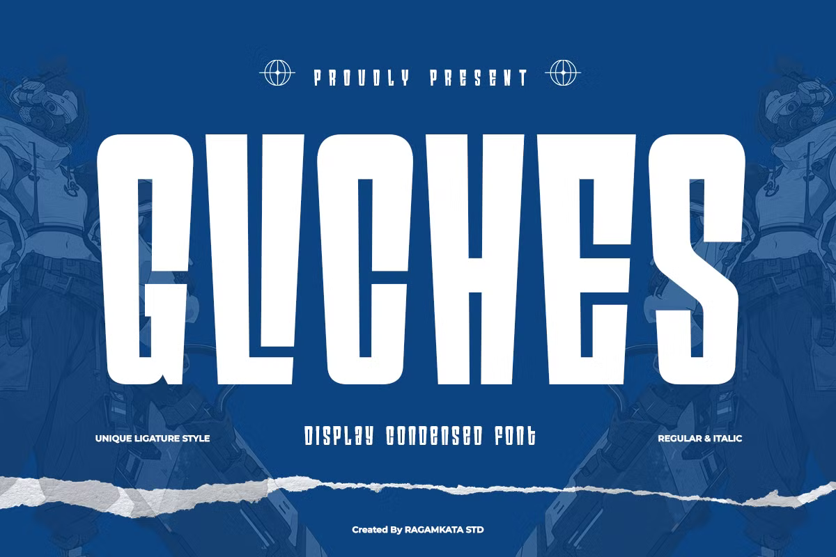 Gloafs condensed display font in white on deep blue with sci-fi visuals, regular plus italic weights included
