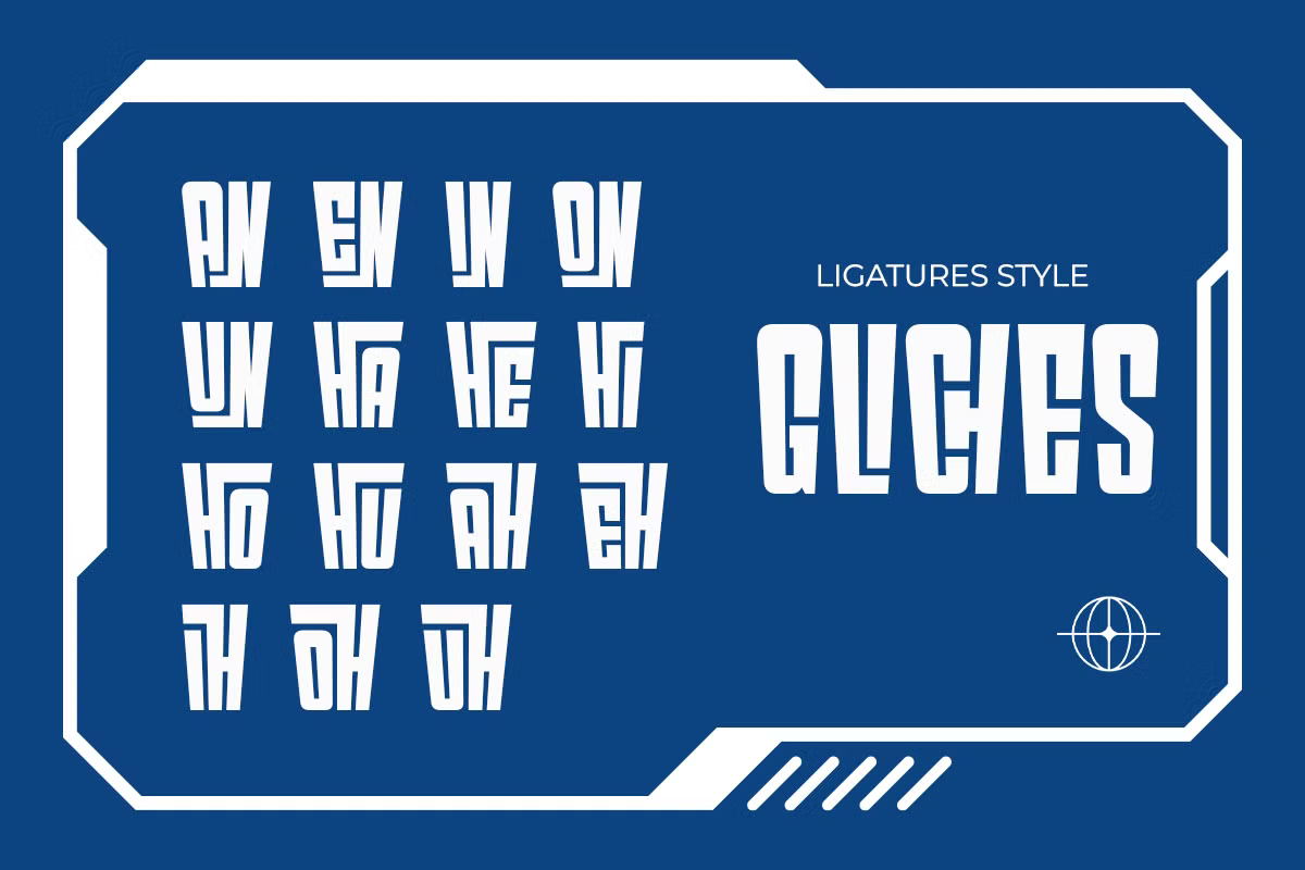 Ligatures style glyphs font mockup showing all character variations on deep blue background