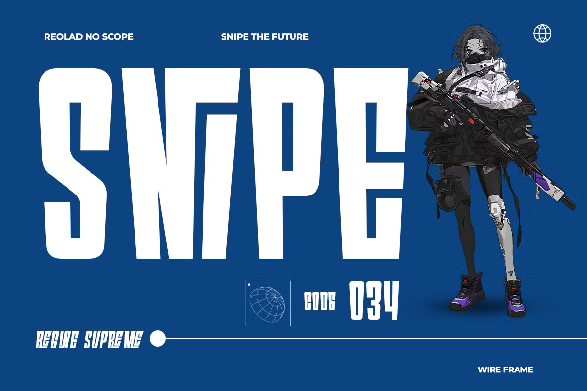 Futuristic gaming poster with bold white "SWIPE" text, anime sniper character holding rifle on deep blue background