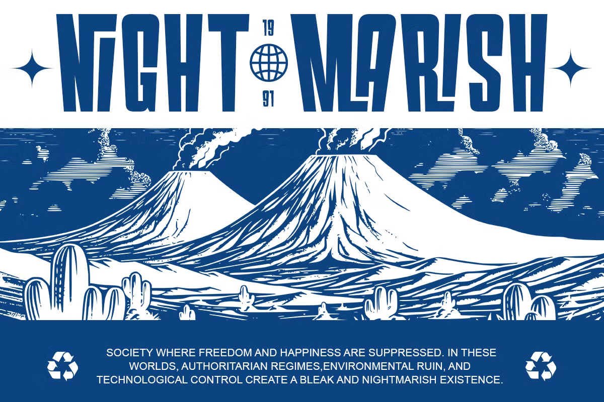 Night Marish retro poster with bold blue typography, desert landscape with volcano, cacti, globe icon