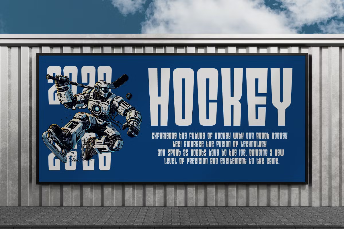 Futuristic robot hockey player on blue billboard mockup with sci-fi typography against metal warehouse backdrop